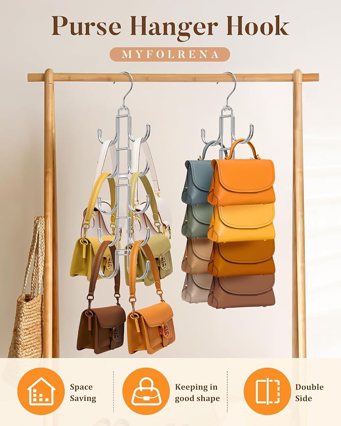 Purse Hanger for Closet, 360 Degree Purse Organizer with 10 Hooks Bag Handbag Hanger Hooks for Purse Hanging, Durable Purse Display Rack Space-Saving Bag Organizer for Women 2 Pack