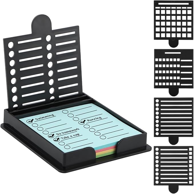 Sticky Note Holder with 5 Different Stencil & 100 Sheet Post It Notes, 3x3 inch Sticky Pads Dispenser with Line Box Drawing Template for Office and Home(COLOR:black)