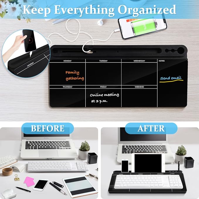 DOLLAR BOSS Glass Desk Whiteboard Calendar Small Dry Erase Board Desktop White Board with Storage Drawer Computer Keyboard Stand Desk Organizer, Weekly Calendar, Black