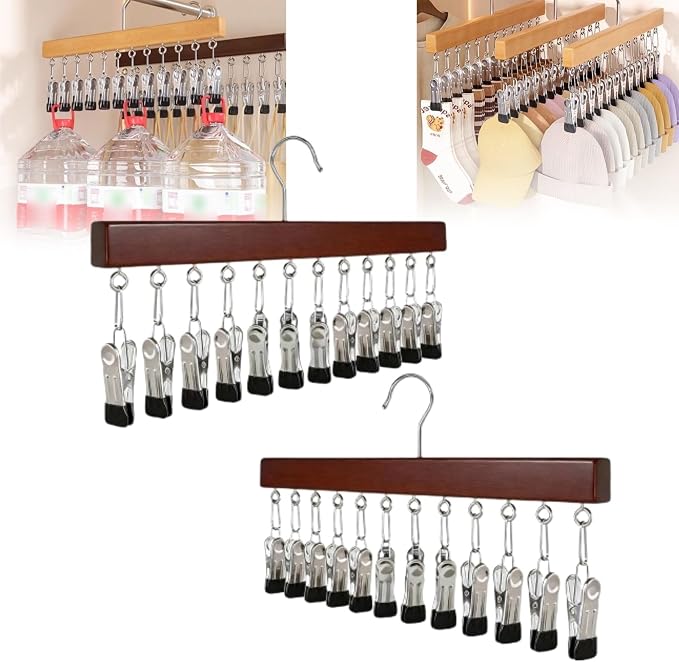Closet Organizer with 12 Clips, Space Saving Hanging Closet Storage for Hats, Scarves, Jeans, Skirts, Socks, Pants, Multi-Purpose Clip Hanger(Vintage TypeA*2)