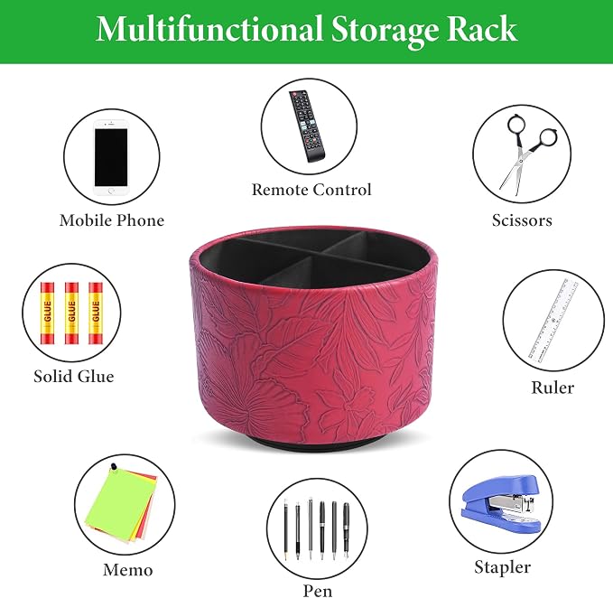Round Leather Art Supply Organizer,Remote Control Holder,360 Degree Spinning,Multi-Functional Pencil Holder,4 Compartments Desktop Stationary Organizer(1-Carved Red)