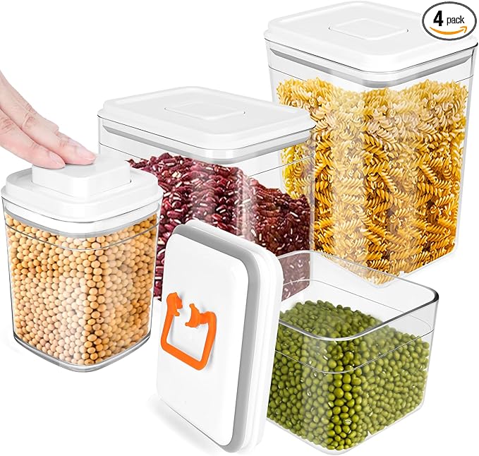 Airtight Food Storage Containers Set with Lids, Top Pop Cereal Container with One Button Control, BPA-Free Stackable Food Containers for Cereal Snack Coffee Sugar (4 Pack-2.3Qt, 1.7Qt, 1.0Qt, 0.7Qt)