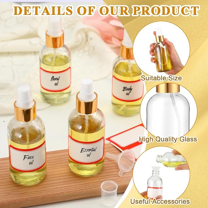 Fumete 36 Pcs Glass Spray Bottles 4oz Fine Mist Glass Spray Bottle Refillable Liquid Containers with 6 Labels 6 Funnel for Hair Travel Plants Cleaning Solutions Skin Care(Clear,Simple)