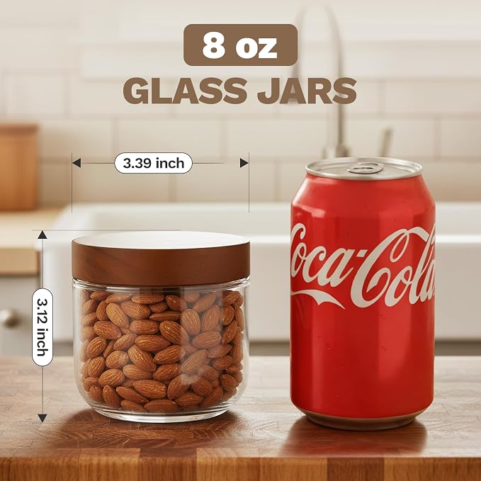 Bumobum 8 oz Glass Jars with Lids, Small Jars for Loose Leaf Tea, 4 Pack | Airtight containers with acacia wood tops and wide openings; for loose leaf tea storage, coffee, snacks, yogurt and spices.