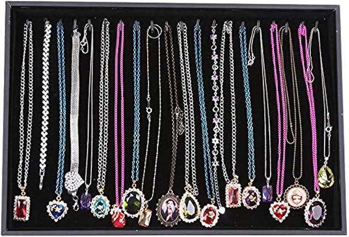 Stratalife 20 Hooks Necklace Organizer Tray, Stackable Jewelry Organizer for Women, Velvet Jewelry Display Storage Tray for Necklace Bracelet, 13.8" x 9.4" x 1.2", Black