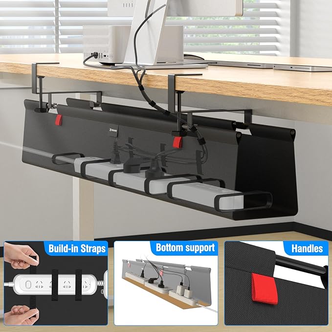 No Drill Under Desk Cable Management Tray, 20" Cord Management Tray with Cable Loop, Upgraded Oxford Fabric Wire Management for Standing Desk - No Damage to Table