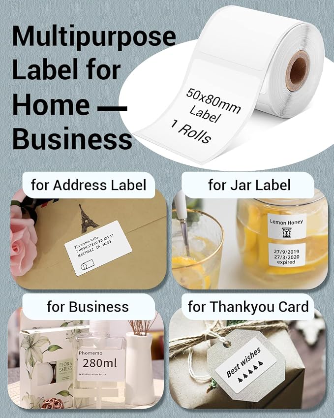 Phomemo Thermal Labels- Sticker Label for M110/M221/M220/M120/M200 Label Printer,1.97"x3.15"(50x80mm),100 Labels/Roll, Black on White | 50×80mm Waterproof Thermal Stickers Labels, 1 Roll, Use for Barcode, Logo,Listing, Business, Home,Organization, Offi...