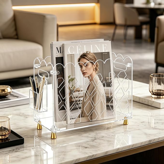 Clear Acrylic Magazine Holder with Handle and Detachable Pen Holder | Wave-Edge Floor Magazine Rack with Replaceable Anti-Slip Gold Feet for Home, Office, Bathroom, or Living Room Storage