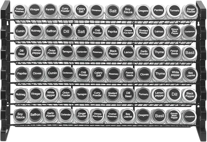 VEVOR Spice Rack Organizer for Cabinet, Spice Organizer with 72 Empty Spice Jars, Lids, Spice Labels, and Funnel Complete Set, Seasoning Organizer for Countertop, Kitchen, Pantry, Cupboard, 23x16 in