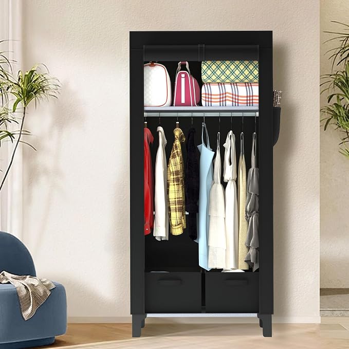 Portable Closet Wardrobe Closet for Hanging Clothes with 3 Hanging Rods for Bedroom, Non-Woven Fabric Clothes Closet for Living Room Easy Assemble (Black, 2 Columns, 23.2 inch Width)