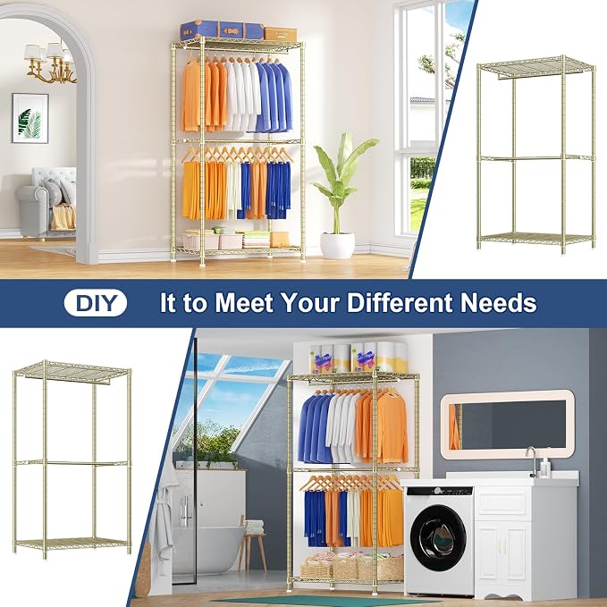 Ulif E12 Pro Clothes Rack，Heavy Duty Freestanding Garment Rack with Shelves，Metal Clothing Closet Storage System for Hanging Clothes，71" W x 16" D x 76.5" H, Hold 960 lbs，Gold