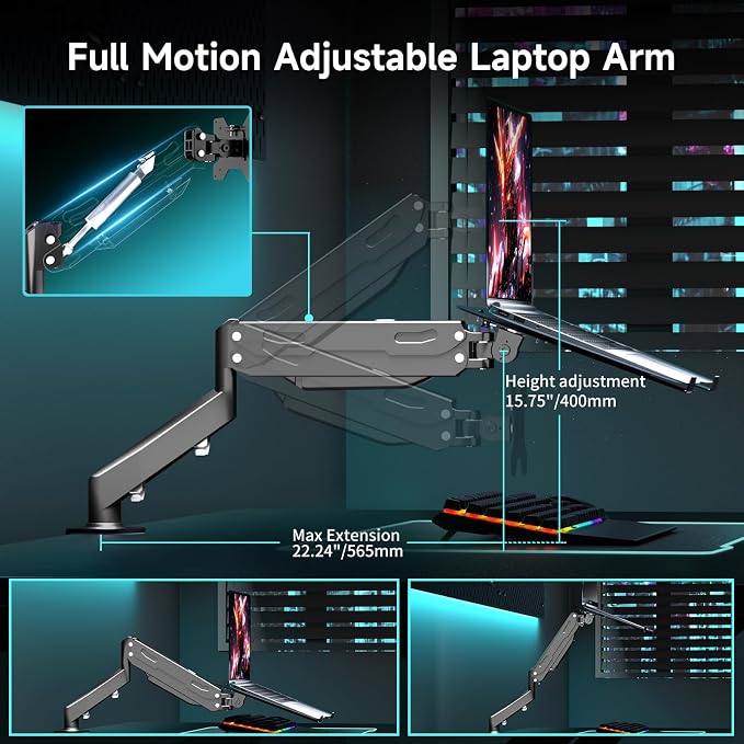 Pholiten 2 in 1 Laptop Desk Mount with Gas Spring Arm, Monitor Laptop Stand for 12-17 Inch Notebook and 13-32 Inch Computer Screen, Holds 22lbs, Full Motion with Vented Tray