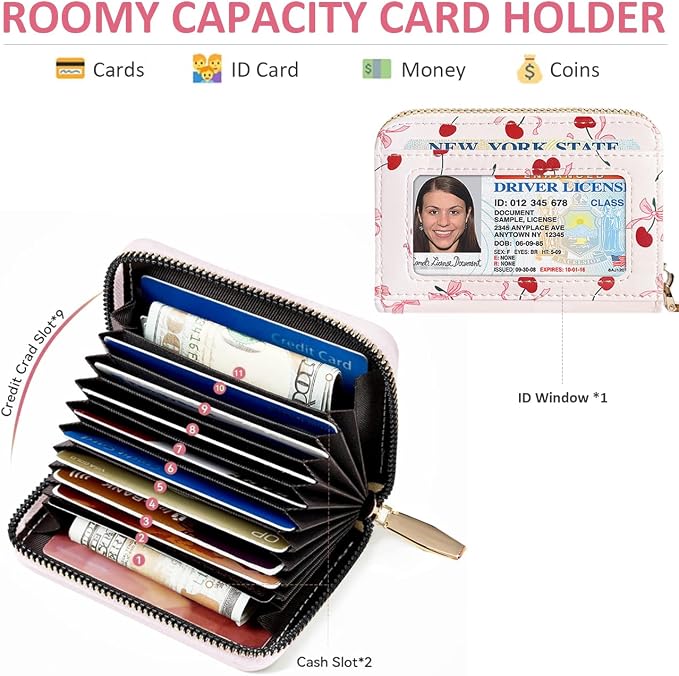 Sunwel Fashion Credit Card Holder for Women Small Accordion Card Cases with ID Window (RED CHERRY)