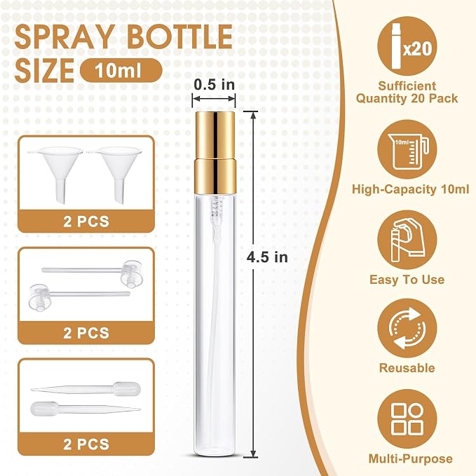 Mini Glass Spray Bottle 20pcs 10ml Clear Spray Bottle Empty, Fine Mist Refillable Mini Perfume Spray Bottle, Perfume Atomizer, Travel Spray Bottle For Hair, Small Empty Sample Containers Portable