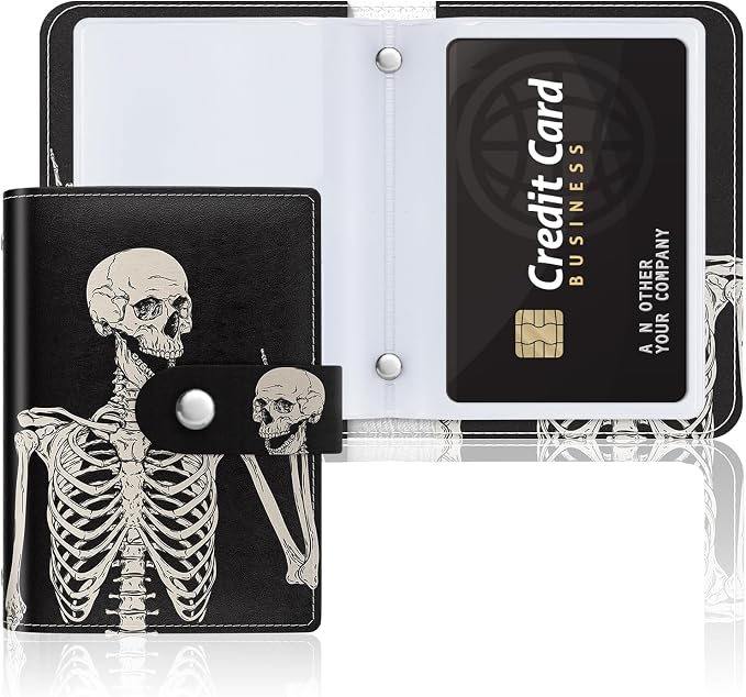 Rouidr Business Card Organizer, RFID Business Card Holder, Small Slim Leather Cards Book, Pocket Name Card Holder Wallet for Women, Skull
