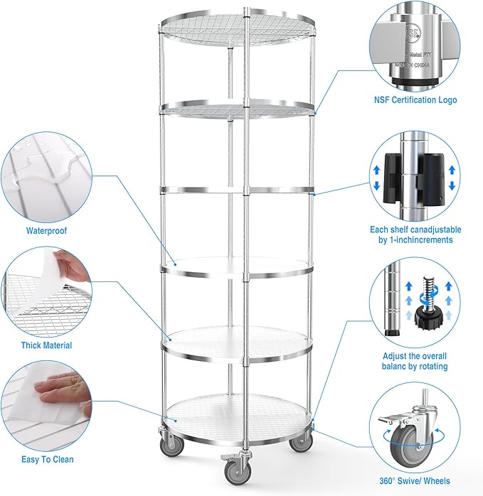 6 Tier NSF Metal Shelf Round Corner Wire Shelving Unit, 2400lbs Capacity Heavy Duty Adjustable Storage Rack with Shelf Liners for Kitchen Garage Office Etc Room Corner, 85.5"H x 30"L x 30"D - Chrome