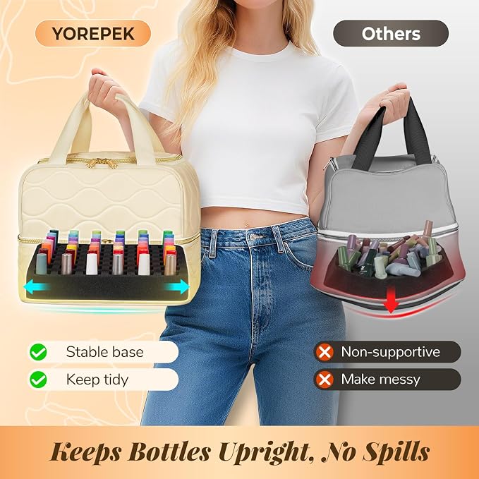 YOREPEK 2 Layer Nail Polish Organizer Case for 42+ Bottles (15ml/0.5 fl.oz) | Nail Kit Bag with Compartments for Nail Supplies, Nail Stuff, UV Lamp, Nail Tech Organizers and Storage for Manicure Tools