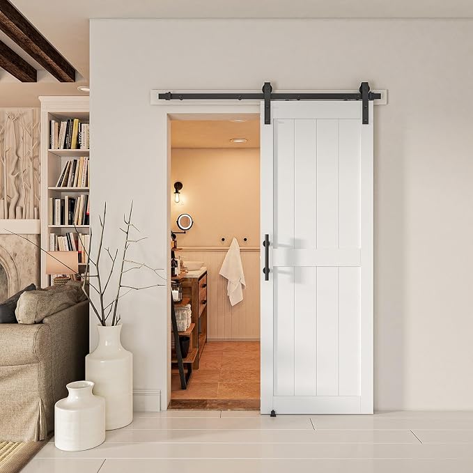 30''x 80'' Sliding Barn Door with 6.6 Ft Barn Door Hardware Kit | Pre-Drilled Holes Easy Assembly - Include Installation Manual, Water-Proof PVC Surface, H-Frame, White