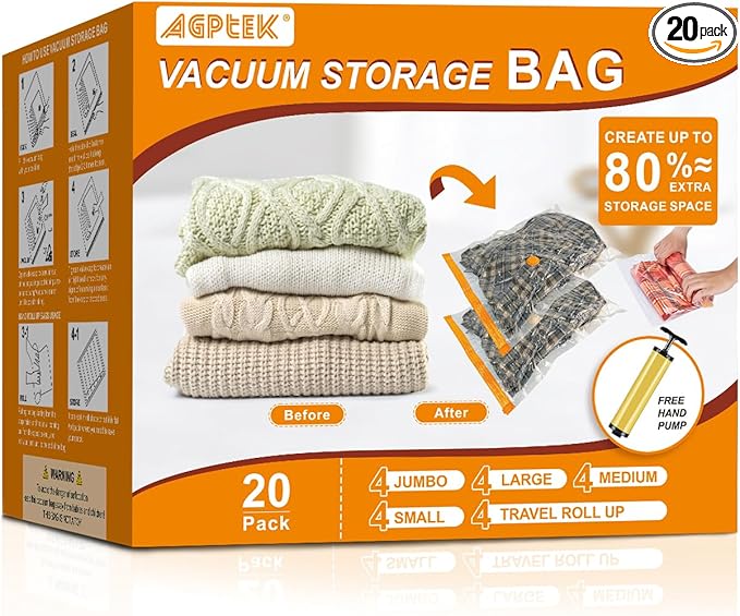 AGPTEK 20pcs Vacuum Storage Bags(4 Jumbo/4 Large/4 Medium/4 Small/4 Roll)Compression Storage Bags for Comforters, Blankets, Vacuum Sealer Bags for Clothes Storage, Perfect for Home Storage and Travel