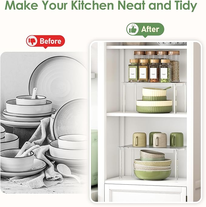 Delamu Clear Kitchen Cabinet Organizer, Set of 2 Acrylic Shelf Organizer for Cupboard Organizers and Storage, Stackable Cabinet Shelf for Plate, Dish, Bowl, Cup & Mug, 11.7" W x 7.7" D x 6.3" H