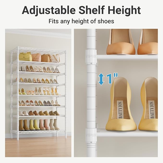 VIPEK S1 Plus Shoe Rack, 8-Tier Extra Wide Heavy Duty Shoe Organizer, Large Capacity Metal Shoe Cabinet Up to 40 Pairs, Adjustable & Detachable Shoe Storage for Entryway/Bedroom/Closet, 750 lbs White