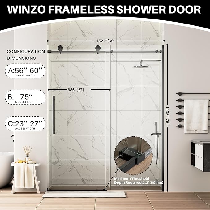 WinZo Frameless Shower Door 56-60 in W x 75 in H, Sliding Shower Door with 5/16"(8mm) Clear Tempered Glass Shower Door, Easy to Clean Bathroom, Silent Soft-Close Design, Matte Black