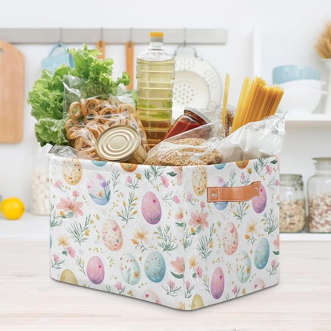 Cube Storage Bins for Shelves, Easter Eggs Flower Print Collapsible Fabric Toys Storage Basket Box with Handles for Home Office Bedroom Closet