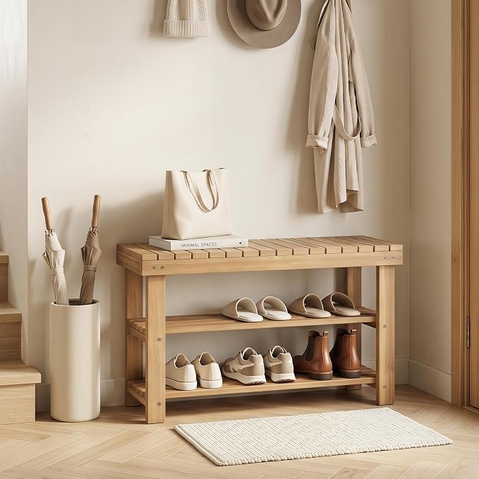 GOFLAME Wooden Shoe Rack Bench, 3-Tier Free Standing Entryway Bench Seat with Slatted Shelves, Shoe Storage Organizer for Entryway, Hallway, Bedroom, Living Room, Small Space, 28"x11"x18"