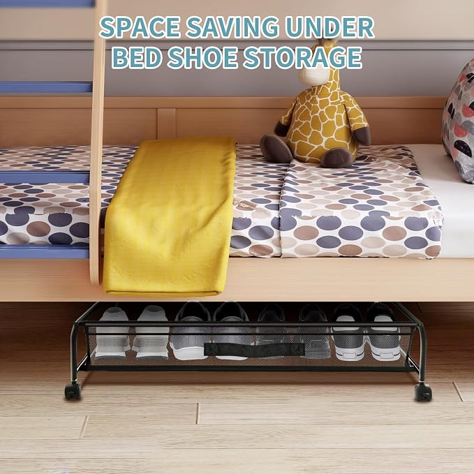 Under Bed Shoe Storage with Wheels, Space Saving Shoe Organizer with Sturdy Metal Frame & Breathable Mesh, Suitable Under the Bed, Sofa and Desk, 2 Packs