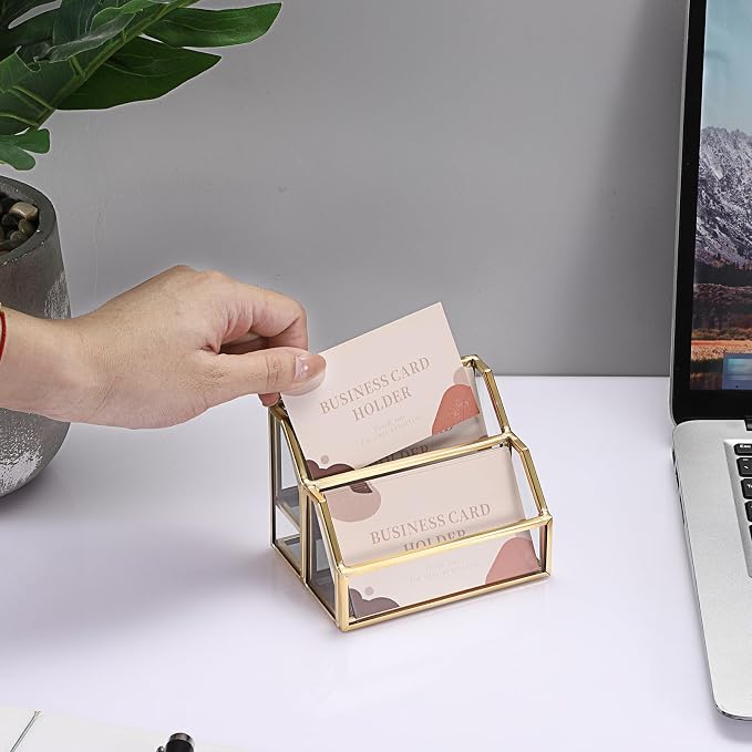 Hipiwe Glass Business Card Holder 2 Slots Gold Business Card Stand Mirrored Base Name Display Holder for Desk Multiple Clear Business Card Holder Display for Office