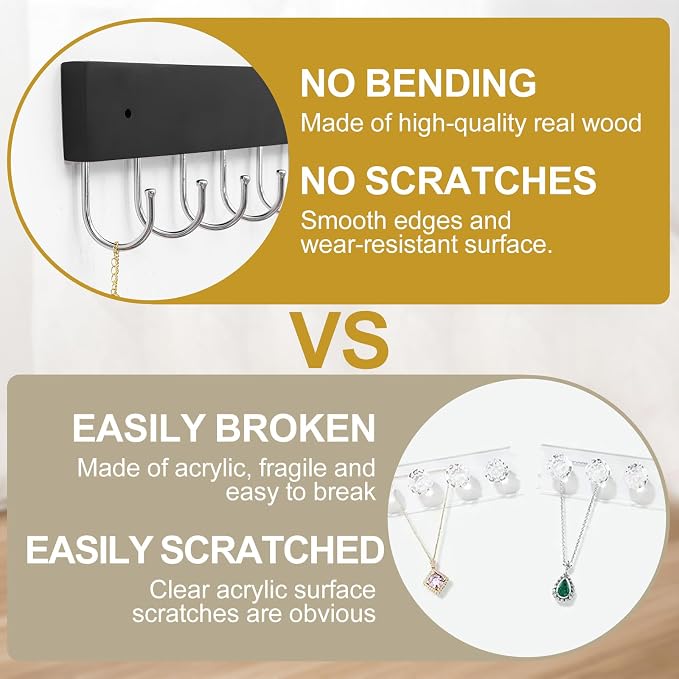 Dntorx Hanging Jewelry Organizer, 2 Pack Necklace Holder for Wall Wooden Necklace Organizer Hangers Wall Mount with 24 Hooks Jewelry Display Hangers for Necklaces, Bracelets, Earrings, Keys