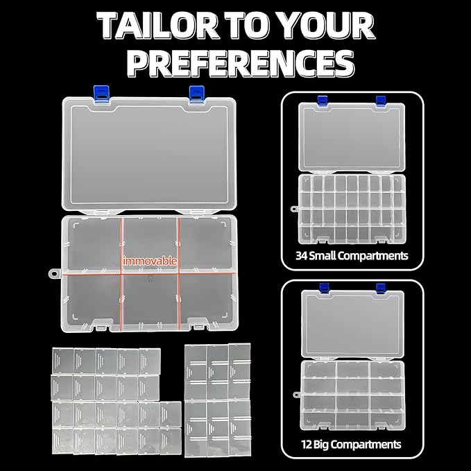 DUOFIRE Plastic Organizer Container Storage Box Adjustable Divider Removable Grid Compartment for Jewelry Beads Earring Container Tool Fishing Hook Small Accessories(34 Grids, White X 2 Pack)