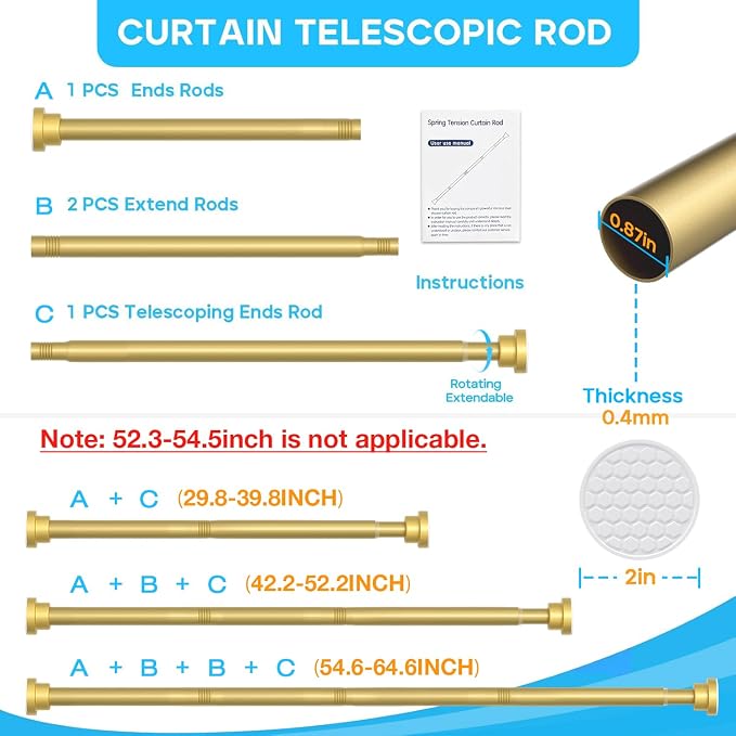 1 Pack Gold Spring Tension Curtain Rod 30-64 Inches, 7/8" inch Adjustable Curtain Rod No Drill, Anti-slip Spring Curtain Rod for Windows Bathroom Kitchen Closet Doorway