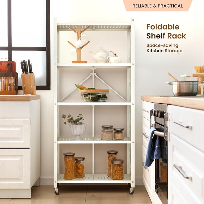 Our Modern Space 5-Tier Foldable Storage Shelf with Wheels | Metal Rack Collapsible Shelving Display | Rolling Cart for Books Kitchen Storage Shelves | Pantry & Closet Organizer | Office Room Decor
