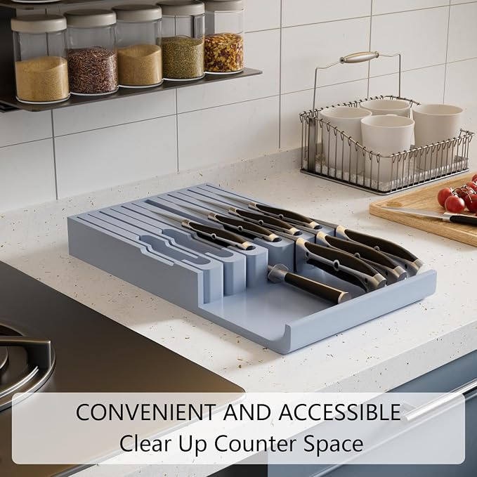 Domax Bamboo In-Drawer Knife Block Kitchen Knife Organizer Insert for 12 Knives and 1 Sharpening Steel(Not Included), Steak Knife Holder, Gray