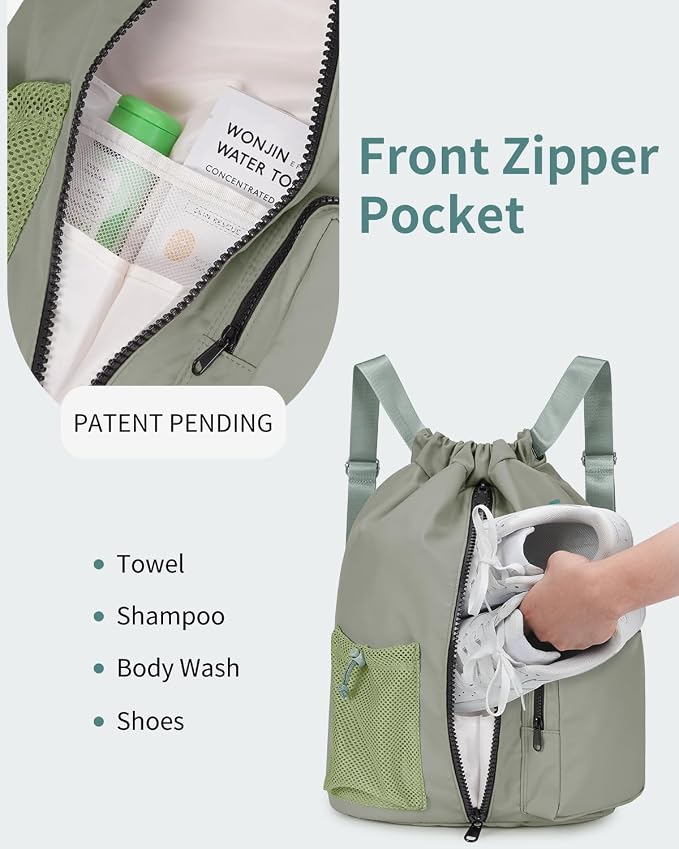 WANDF Drawstring Backpack with Shoe Compartment, Sports Gym Bag | Multi-Pocket Storage, Water-Resistant Fabric, Cinch String Bag