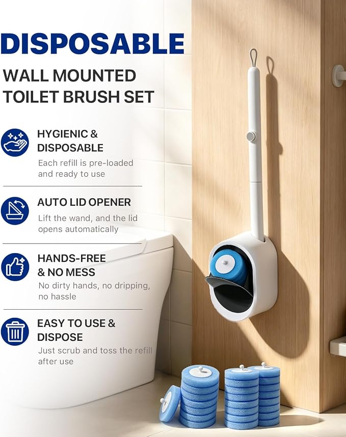 SOPAMI Disposable Toilet Brush with 32 Refills Deep Cleaning Touch Free | Auto Lid Opener Wall-Mounted Toilet Wand Kit for Deep Cleaning Bathroom Touch Free Access Toilet Bowl Cleaner