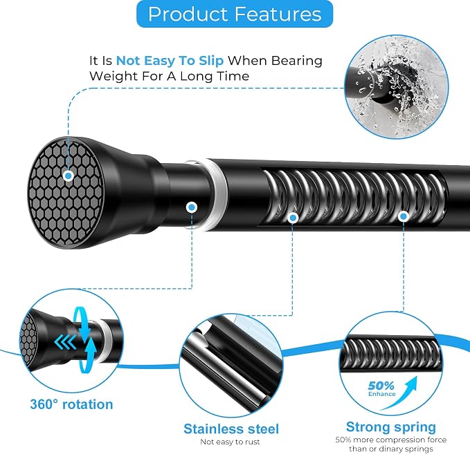 2 Pack Adjustable Tension Curtain Rod 30 to 64 inches, Spring Curtain Rod for Windows Tension Rod No Drill, Spring Tension Curtain Rod for Window, Bathroom, Doorway, Black