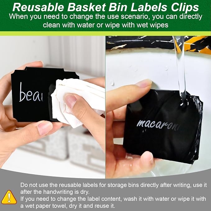Basket Labels Clip On Set, Storage Bin Label, Clip-On Chalkboard Labels | Including 10 removable bucket label clips, 1 chalk marker, 16 stickers, Storage Bin Label for Basket Tags, Storage Bin Label