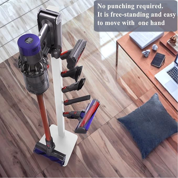 XIGOO Dyson Vacuum Stand with 5 Hooks, White | Compatible with V15 Detect V11 V10 V8 V7 V6 Cordless Vacuum Cleaners & Accessories, Stable Metal Bracket Organizer Rack