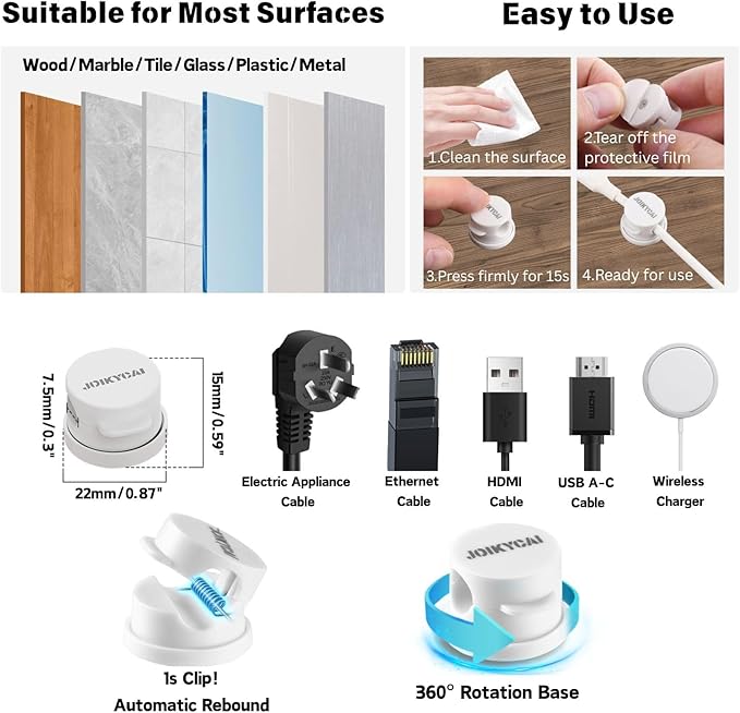 6 Magnetic Spring Cable Clip Rotatable Cord Holder Desktop Cord Organizer 2 Charging Cord Protectors for Nightstand Phone Charger Organizer Computer Desk Cable Management Appliance Adhesive Wire Strap