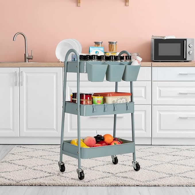 danpinera 3-Tier Rolling Cart, Utility Cart Mobile Metal Rolling Storage Cart with Lockable Wheels & Hanging Cups & Hooks for Kitchen, Bathroom, Office, Workshop, Gray Blue