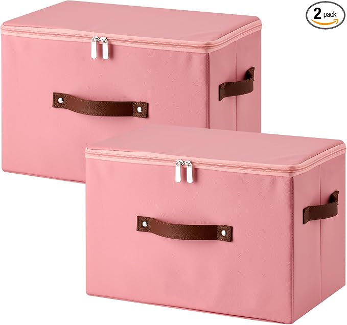 2PCS Storage Bins with Zippered Lid Decorative PU Leather Boxes | Foldable Washable Stackable Basket Container, Lidded Shelf Closet Organizer, with Handles & PP Plastic Boards, Pink-Large