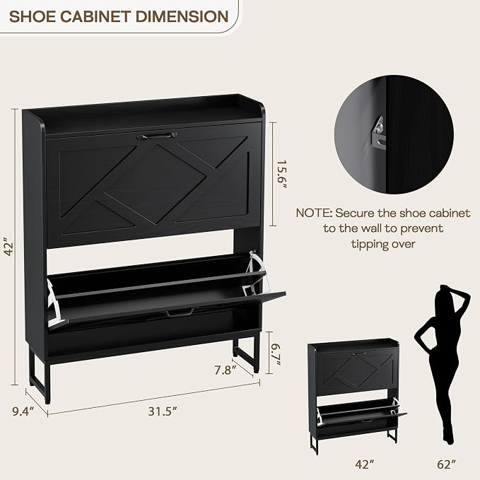 Nicetree Shoe Cabinet Storage for Entryway, Slim Shoe Storage Cabient with 2 Flip Drawers, Narrow Vertical Shoe Rack Cabinet with Metal Hooks, Small Space Solution for Hallway, Black