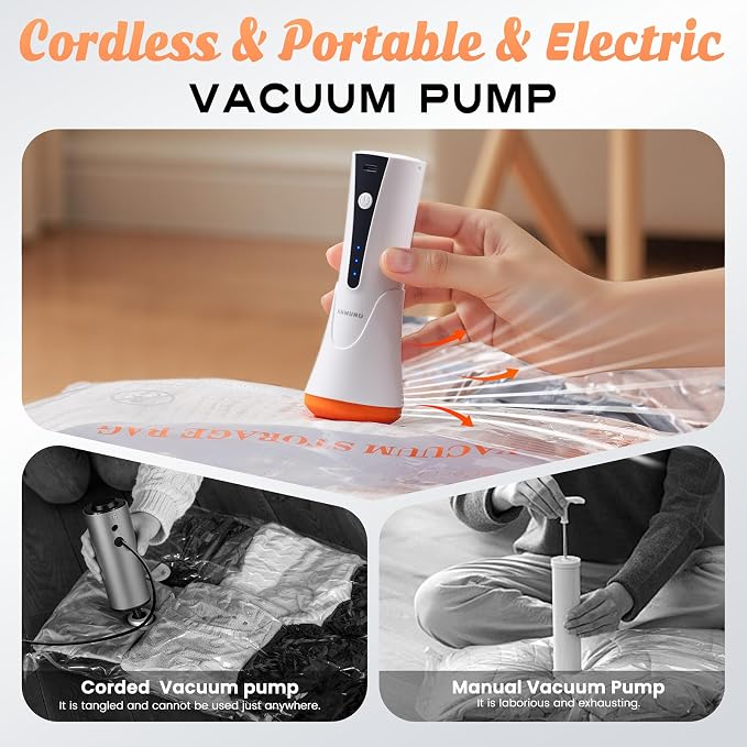 15 Combo Travel Vacuum Storage Bags with Portable Cordless Electric Pump | Vacuum Seal Bags for Clothing and Suitcase, Airtight Triple Seal, Save 80% Space, Cruise Vacations, Bedding, Seasonal Storage