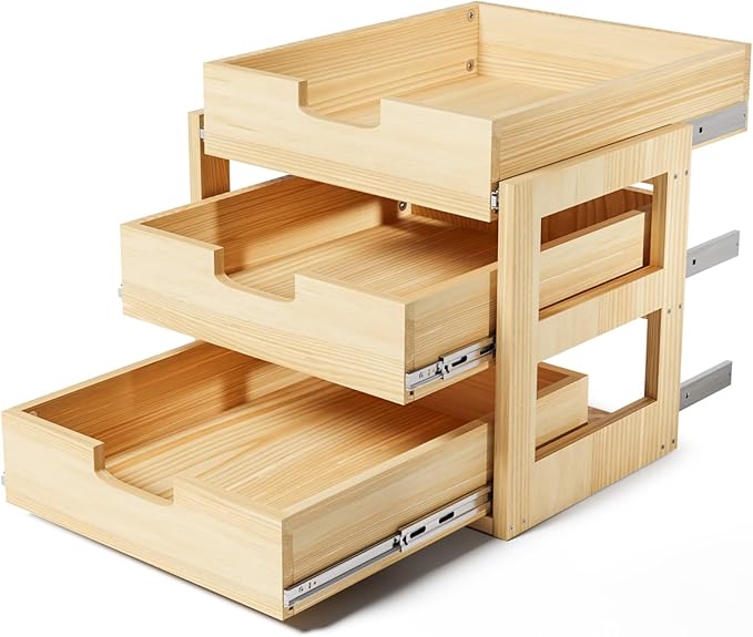 Pull Out Cabinet Organizer, 20''W×21''D Sliding Drawers for Cabinets, 3 Tier Soft Close Slide Out Wooden Pull out Drawers, Base Cabinet Organization for Kitchen, Pantry, Bathroom