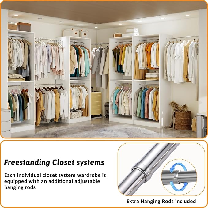 Closet System with 3 Hanging Rods& Shelf , 2FT Small Closet Organizer System Storage Wood with Extra Side Hanging Rod for Walk in Closet, Adjustable Modular Closet Systems Customize, White(2FT)