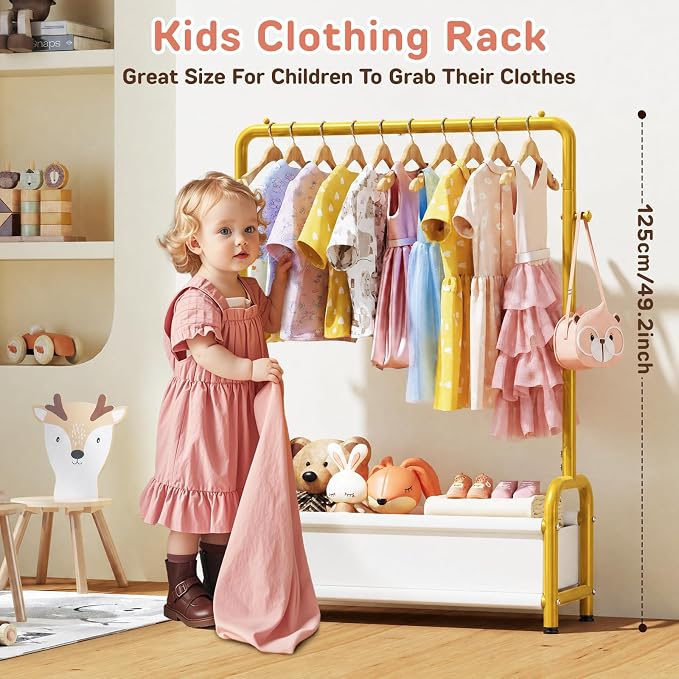 Kids Clothing Rack with Storage Shelf, Kids Dress Up Storage for Coats, Small Baby Garment Rack for Hanging Clothes, Toddler Wardrobe Closet Organizer (Gold, Classic)