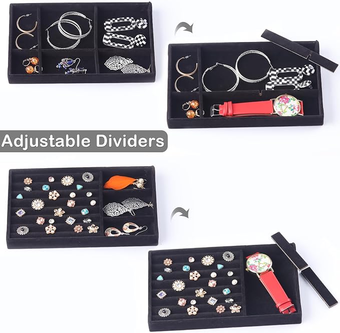 Jewelry Trays,Velvet Stackable Organizer Trays,Drawer Inserts Jewelry Display Case For Rings Stud Necklaces Earring Organizer Tray for Women Girls-8 Pack (Black)