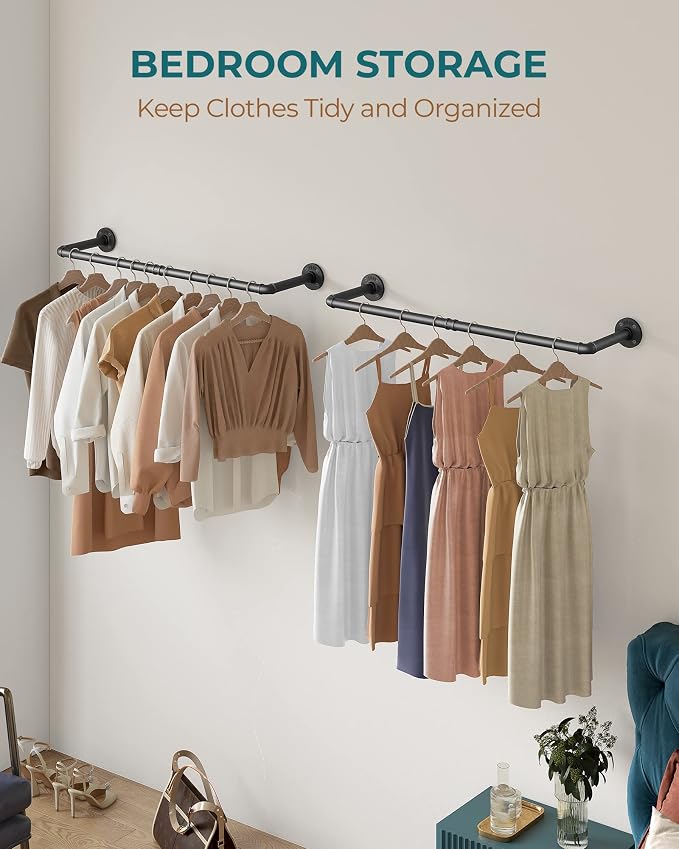 OROPY 38.4" Industrial Pipe Clothes Rack Wall Mounted, Heavy Duty, 2 Pack | Heavy Duty Iron Pipe Clothing Garment Rail, Multi-Purpose Clothing Hanging Rod for Laundry Room and Closet Storage, Black